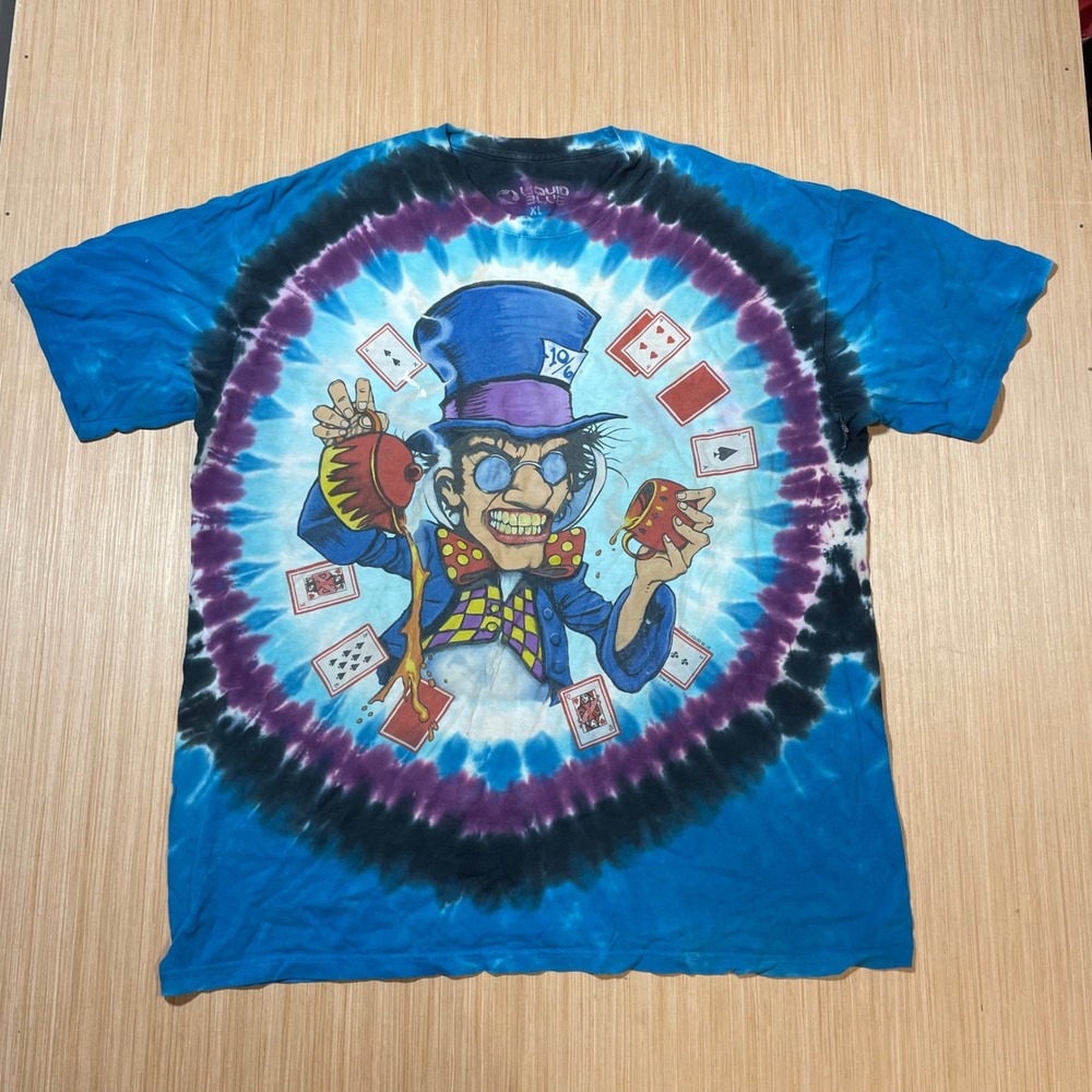 Liquid Blue T-Shirt Mens XL Alice in Wonderland Mad Hatter Cheshire Cat Tie Dye